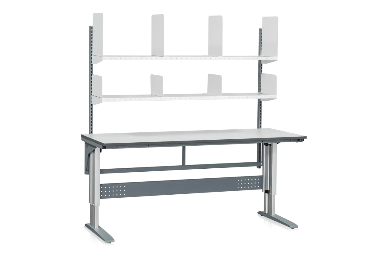 Höj- och sänkbart arbetsbord med hyllor & hyllavdelare 400kg