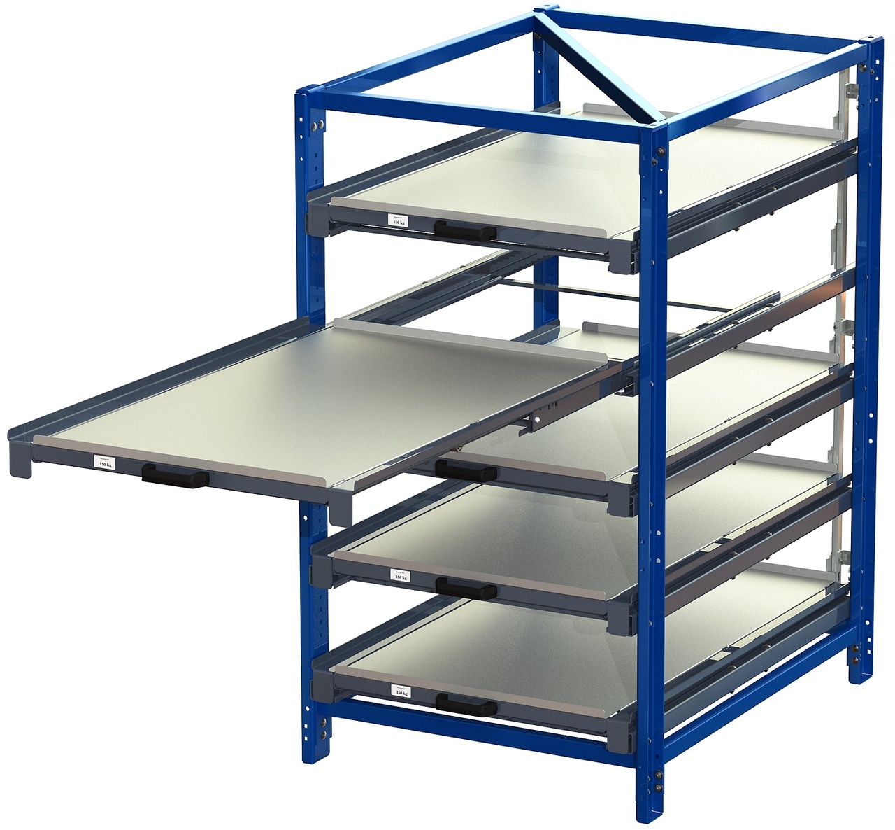 Industribyrå 5 hyllor, 150kg, 100% utdrag med tippskydd