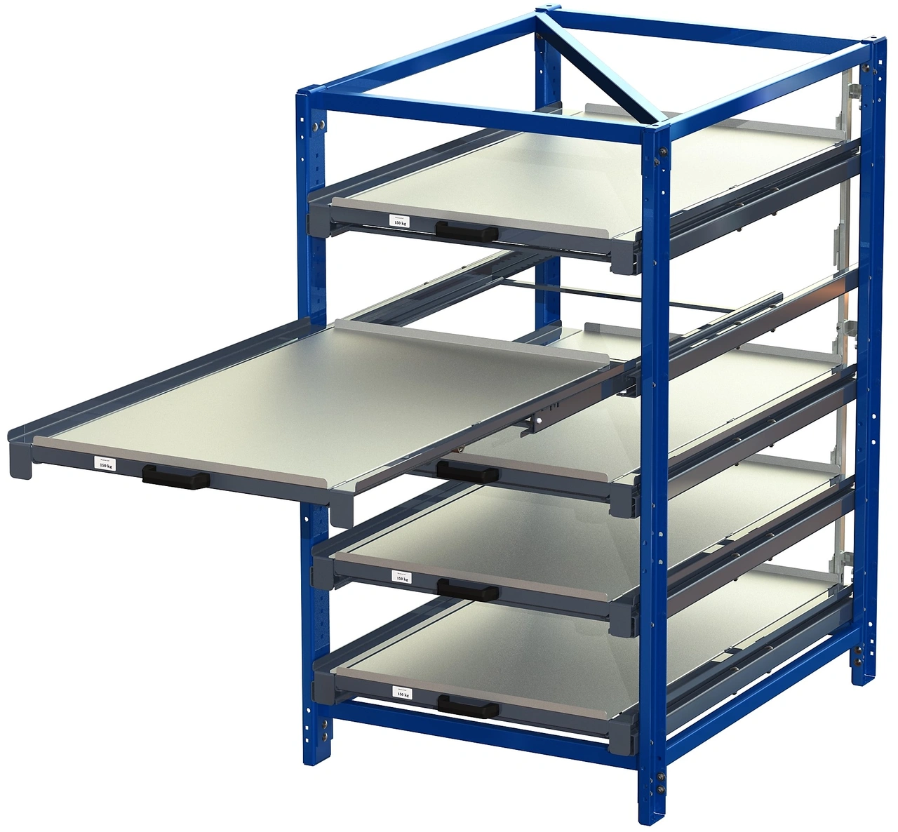 Industribyrå 5 hyllor, 150kg, 100% utdrag med tippskydd