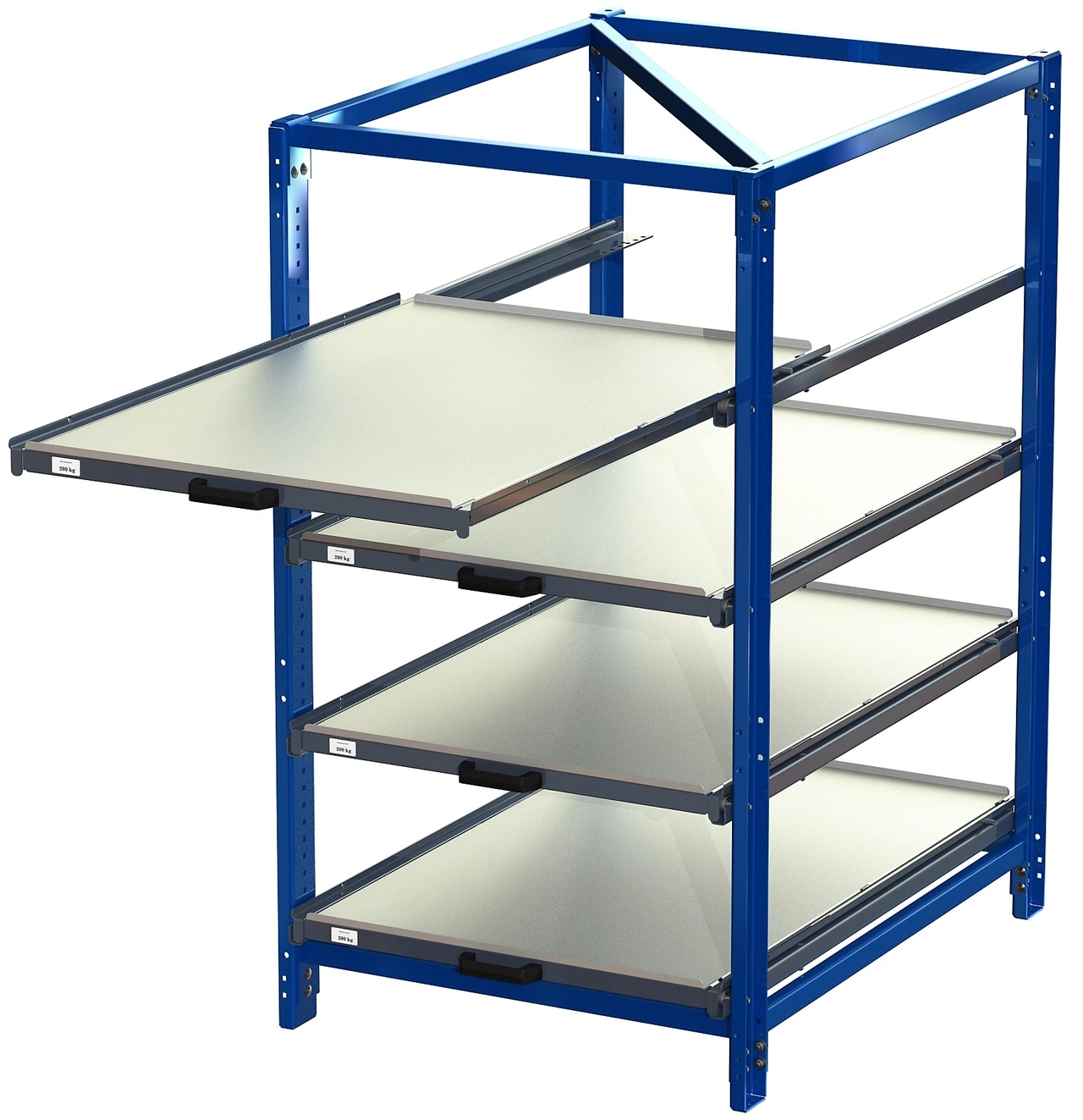 Industribyrå 4 hyllor, 200 kg, 70% utrag, 32 backar