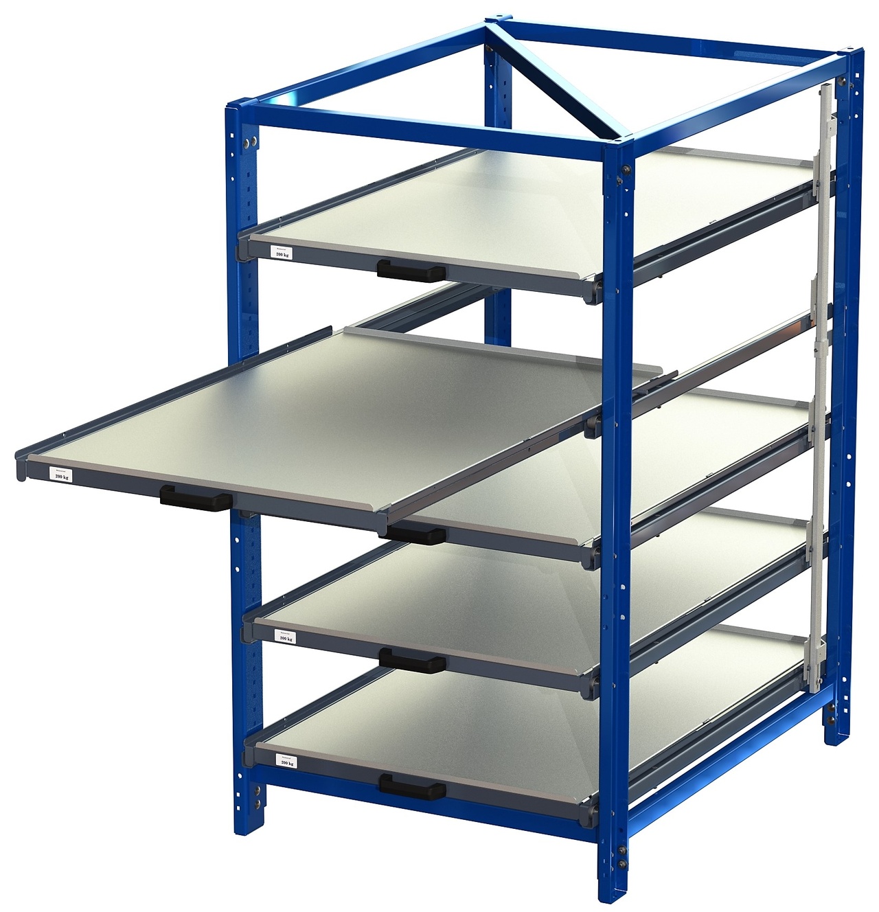 Industribyrå 5 hyllor, 200kg, 70% utrag med tippskydd