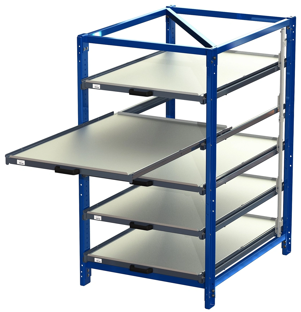 Industribyrå 5 hyllor, 200kg, 70% utrag med tippskydd