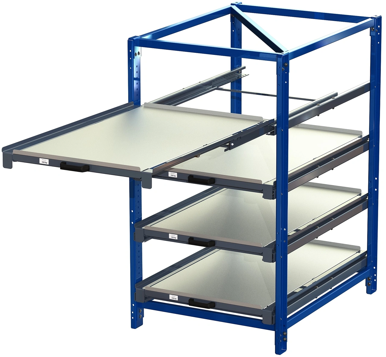 Industribyrå 4 hyllor, 150kg, 100% utdrag utan tippskydd