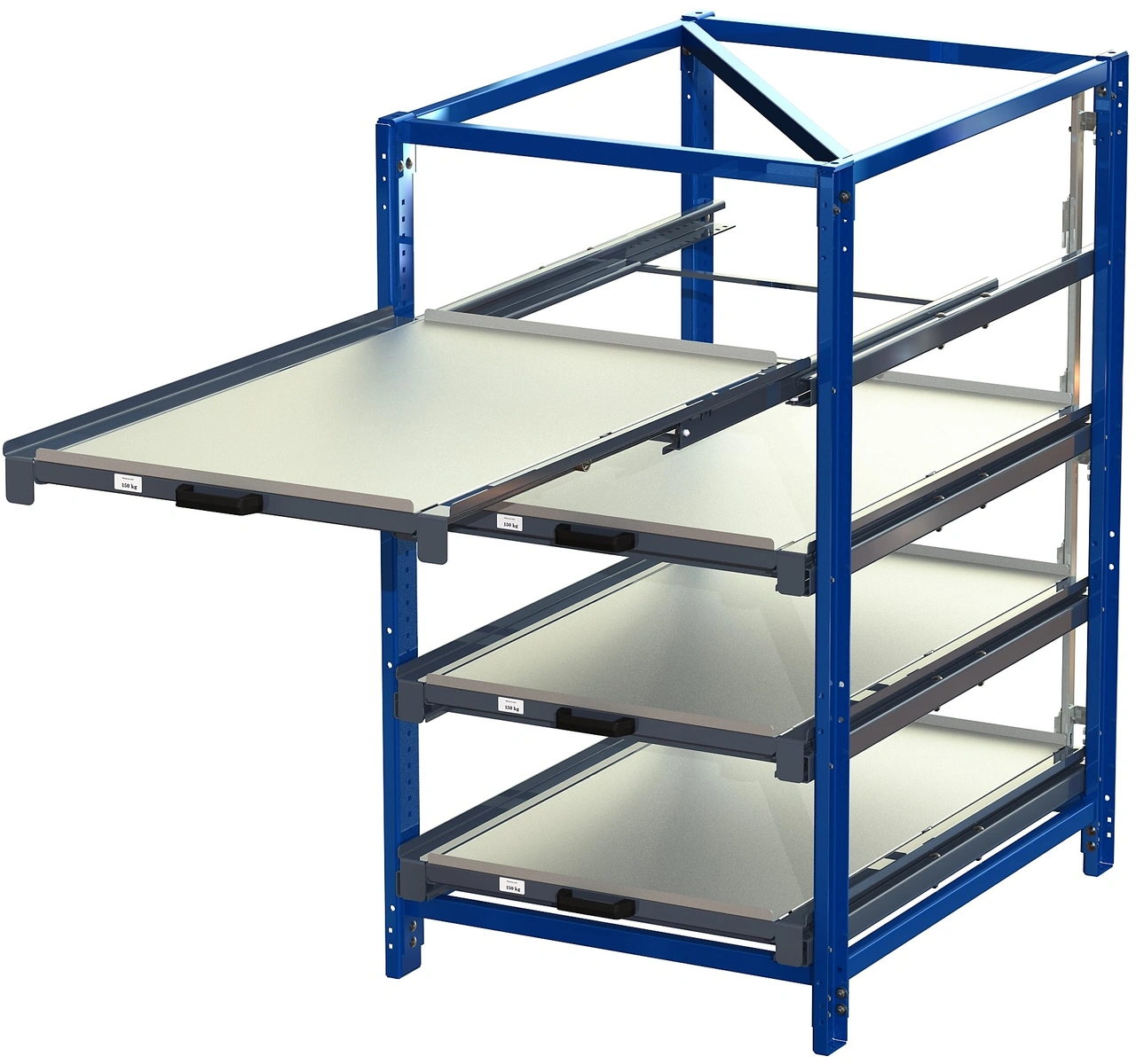 Industribyrå 4 hyllor, 150kg, 100% utdrag med tippskydd