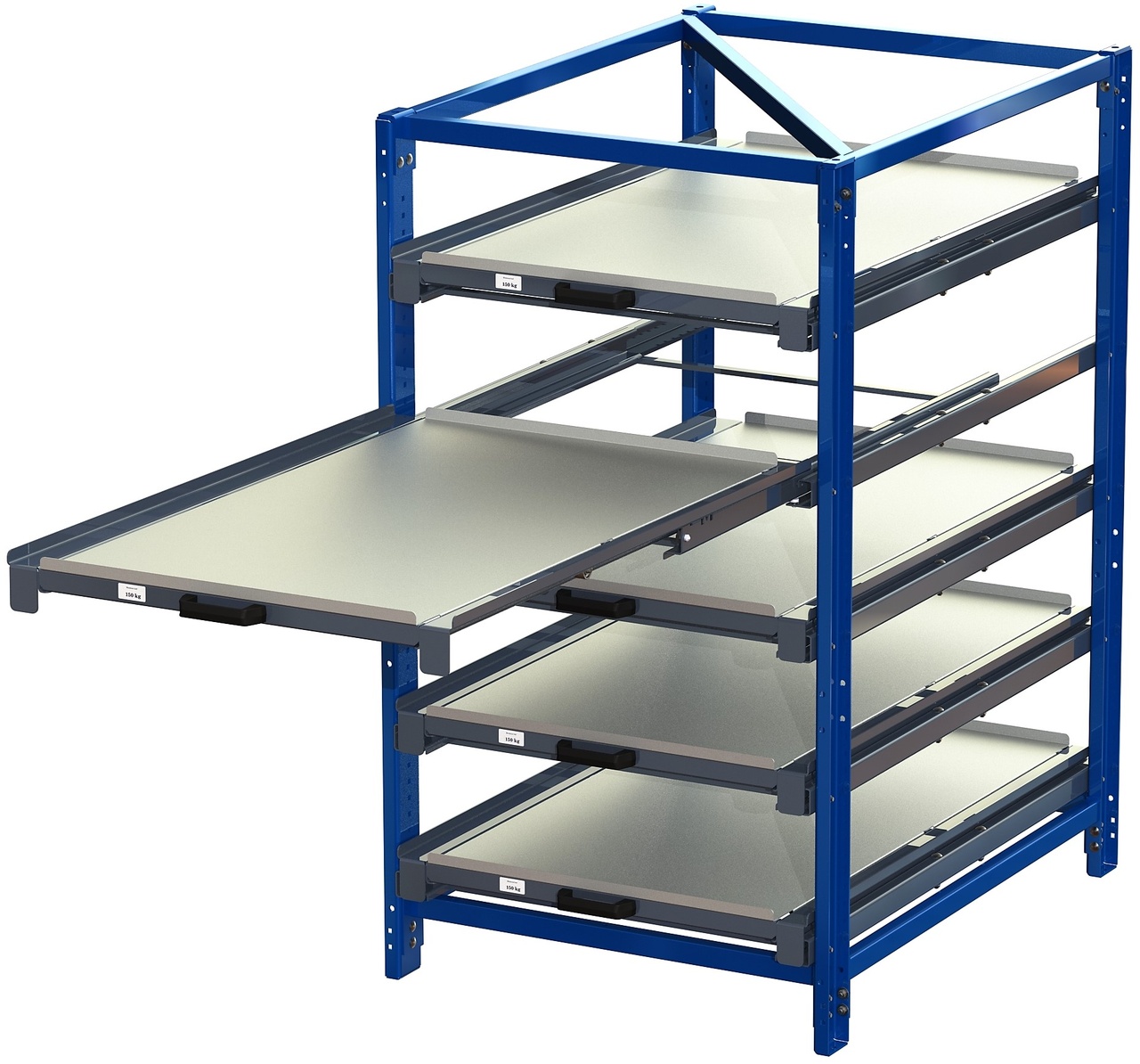 Industribyrå 5 hyllor, 150kg, 100% utdrag utan tippskydd