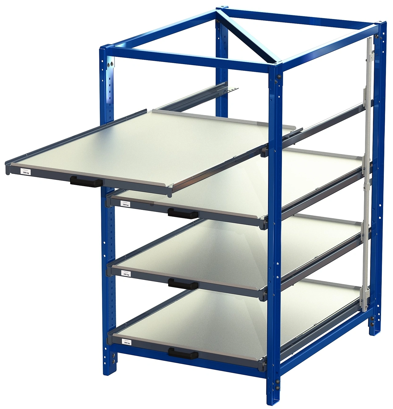 Industribyrå 4 hyllor, 200kg, 70% utrag med tippskydd