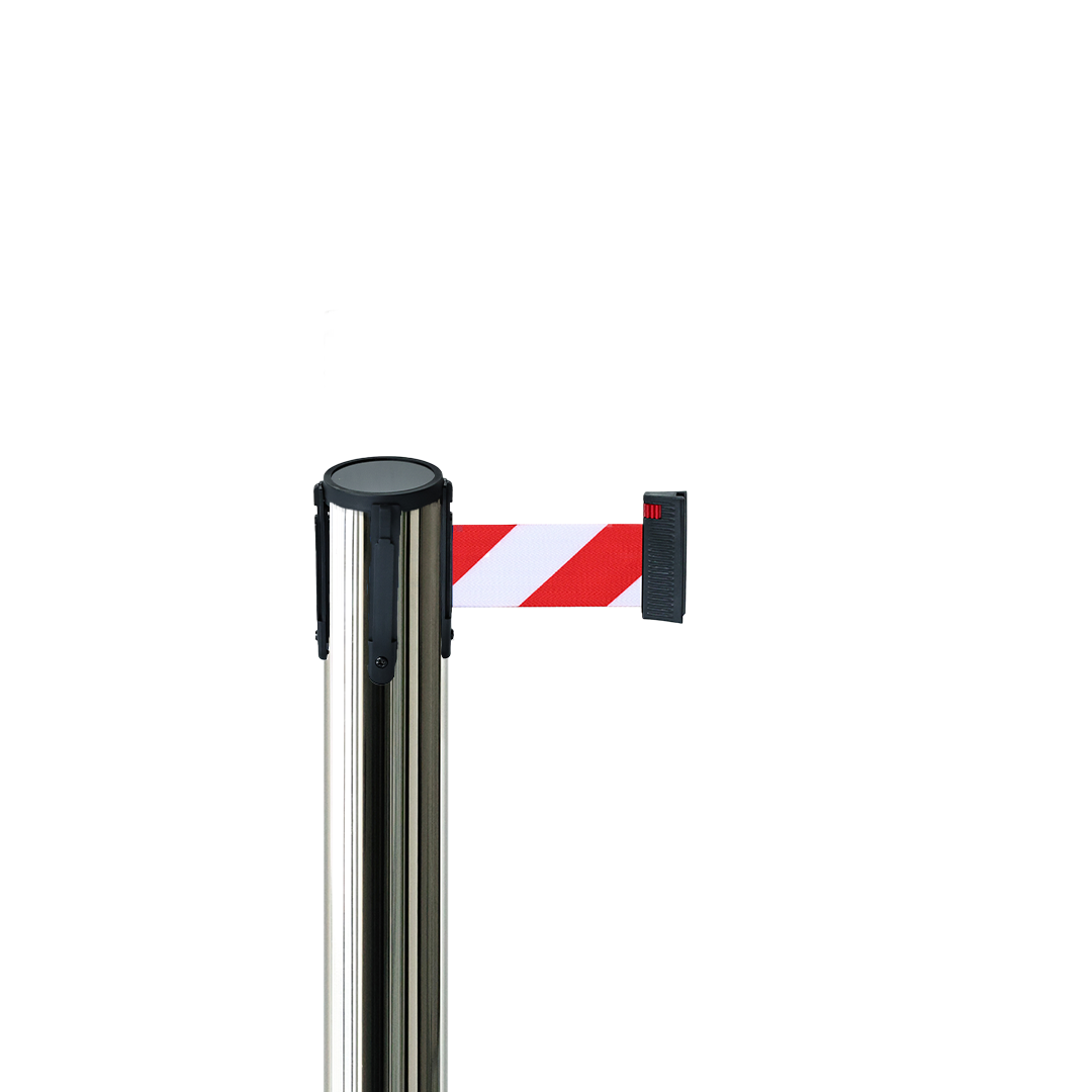 Avspärrningsstolpe borstad stål med rött/vitt band 3 meter