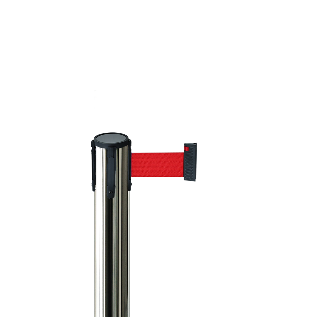 Avspärrningsstolpe borstad stål med rött band 3 meter