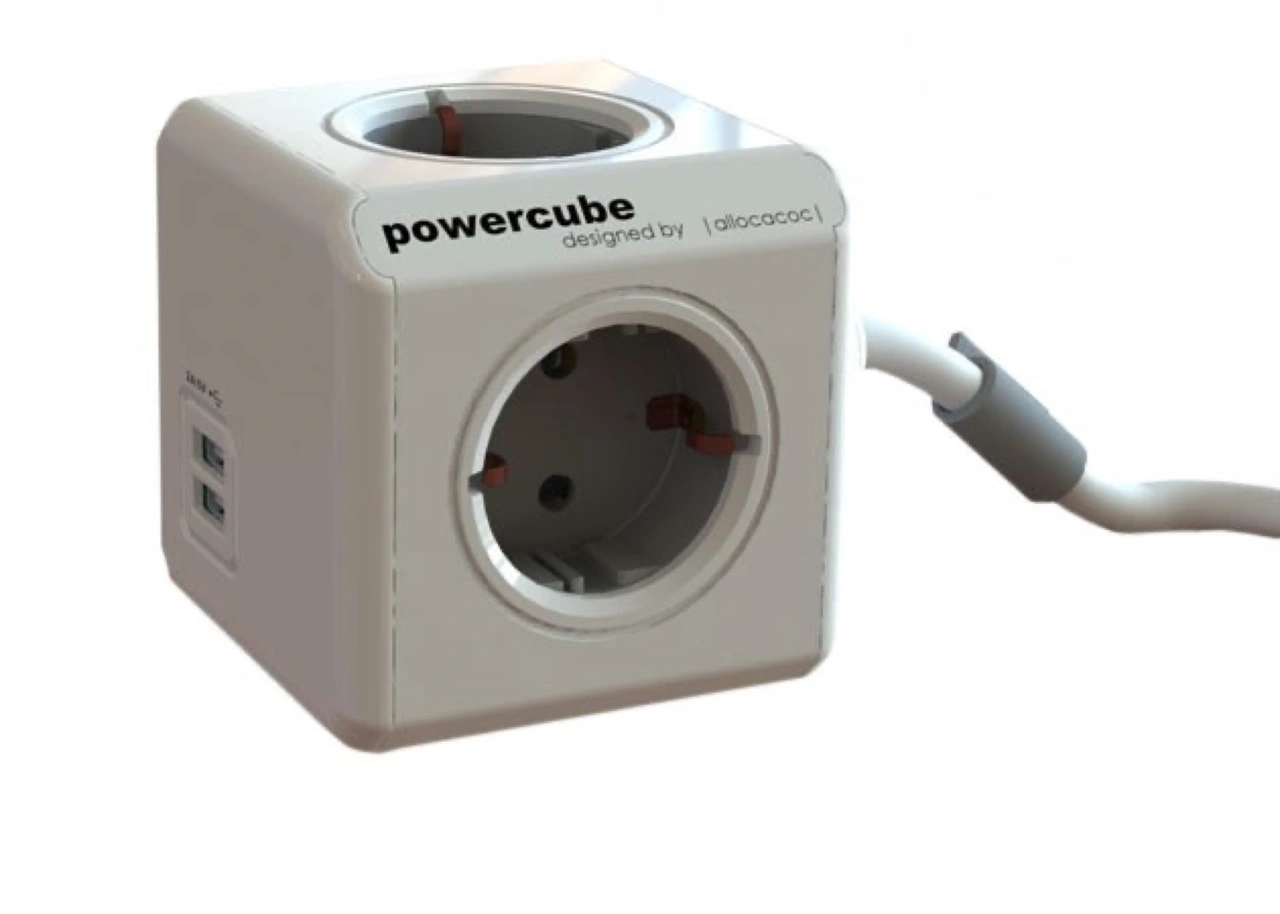 POWER CUBE 4 UTTAG + USB, FÄSTE + 1.5m KABEL, GRÅ