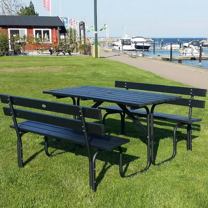 Bänkbord Stålpicnic 150 svart med ryggstöd