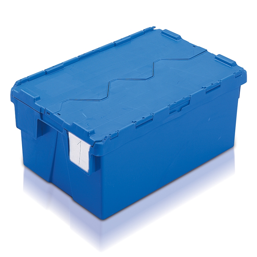 Plastlåda 48L, konisk med tvådelat lock, 400x600x264, blå